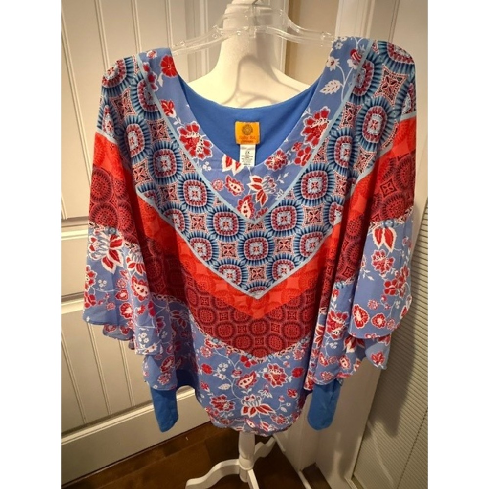 Ruby Rd Woman Blue Red Floral Medallion Layered Angel Sleeve Blouse Top 2X